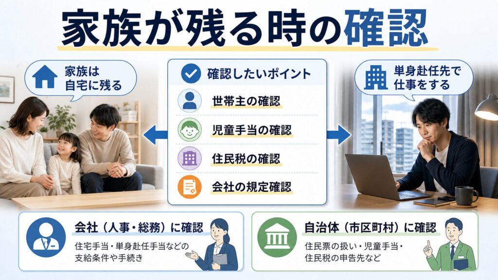 家族を残す単身赴任で世帯主や児童手当を確認する図解