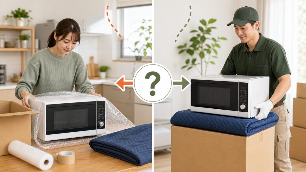 単身引越しの電子レンジは自分で梱包する?の確認ポイントを示す単身引越しイメージ