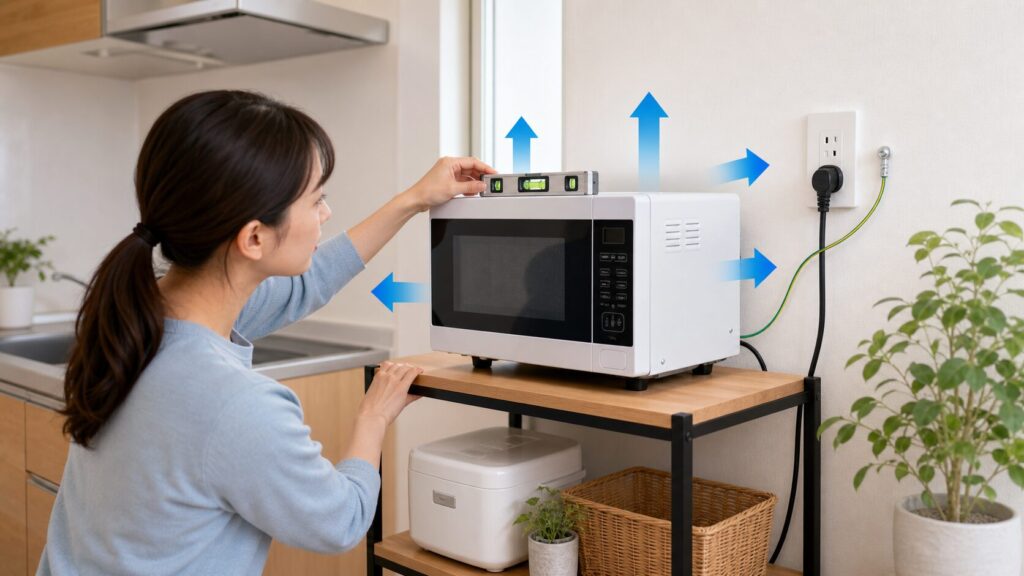 新居で電子レンジを設置する時の注意点の確認ポイントを示す単身引越しイメージ