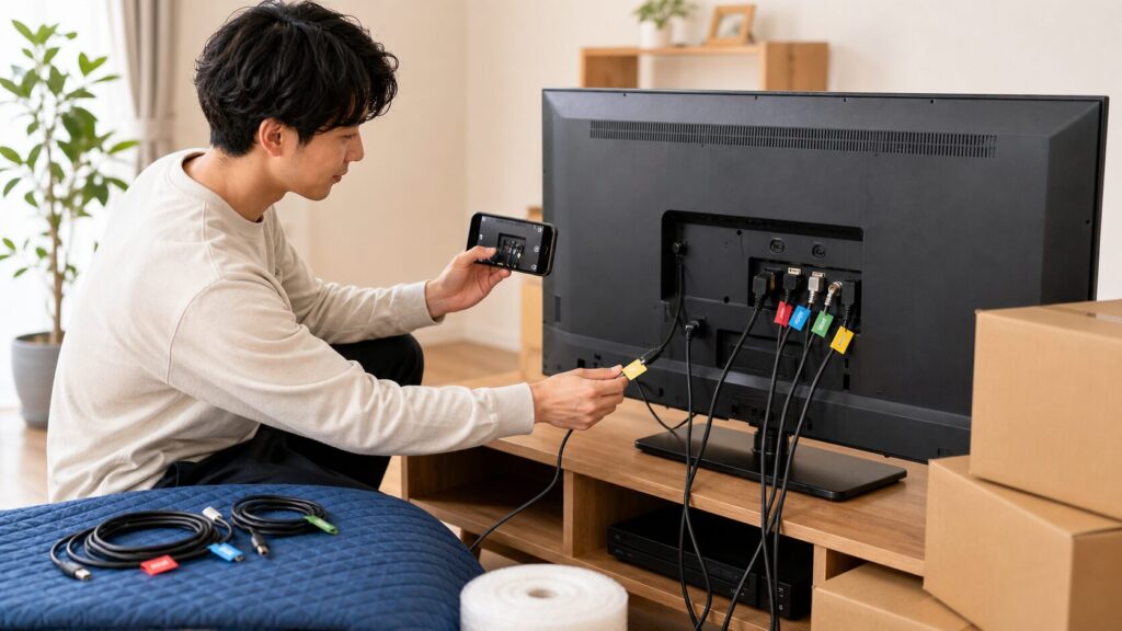 テレビ背面の配線を撮影してケーブルへタグを付ける手順