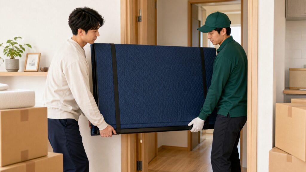 薄型テレビを引越し業者へ任せて安全に運搬する様子
